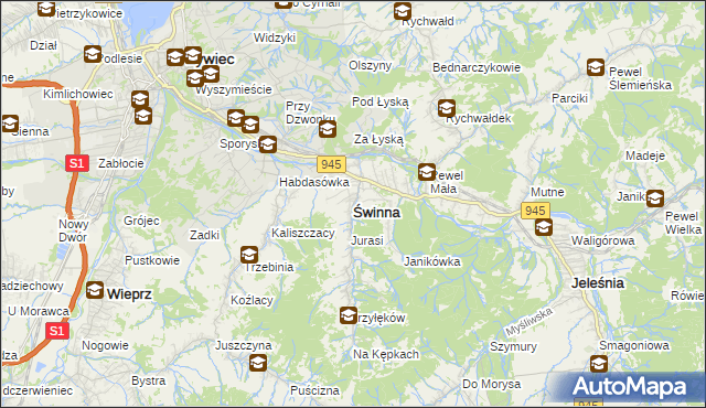 mapa Świnna powiat żywiecki, Świnna powiat żywiecki na mapie Targeo