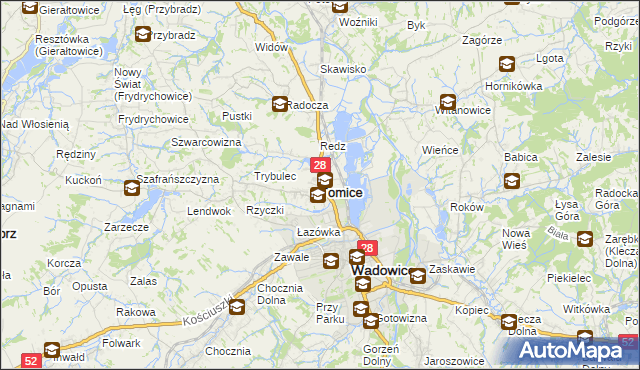 mapa Tomice powiat wadowicki, Tomice powiat wadowicki na mapie Targeo