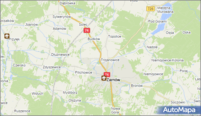 mapa Trojanowice gmina Żarnów, Trojanowice gmina Żarnów na mapie Targeo