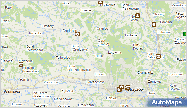 mapa Tropie gmina Strzyżów, Tropie gmina Strzyżów na mapie Targeo