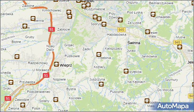 mapa Trzebinia gmina Świnna, Trzebinia gmina Świnna na mapie Targeo