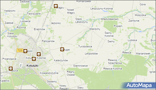 mapa Turobowice gmina Koluszki, Turobowice gmina Koluszki na mapie Targeo