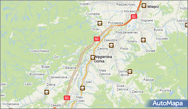 mapa Węgierska Górka, Węgierska Górka na mapie Targeo