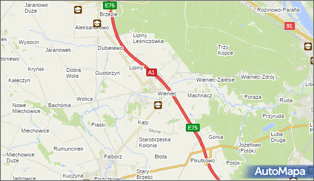 mapa Wieniec gmina Brześć Kujawski, Wieniec gmina Brześć Kujawski na mapie Targeo