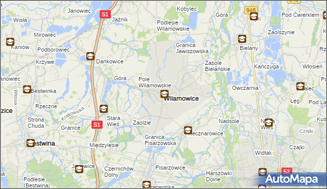 mapa Wilamowice powiat bielski, Wilamowice powiat bielski na mapie Targeo