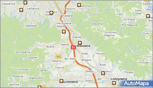 mapa Wilkowice powiat bielski, Wilkowice powiat bielski na mapie Targeo