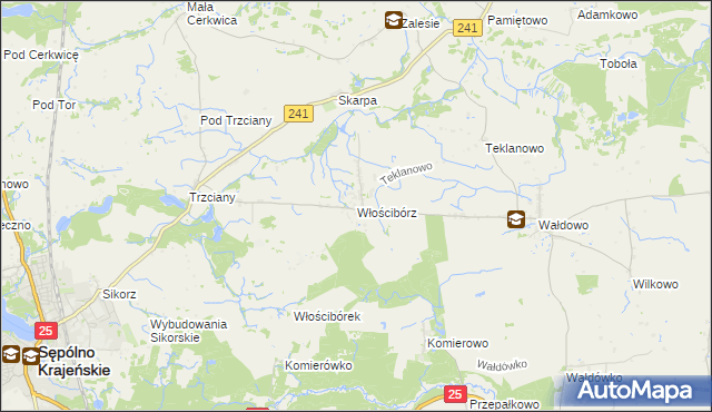 mapa Włościbórz gmina Sępólno Krajeńskie, Włościbórz gmina Sępólno Krajeńskie na mapie Targeo