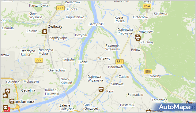 mapa Wrzawy gmina Gorzyce, Wrzawy gmina Gorzyce na mapie Targeo