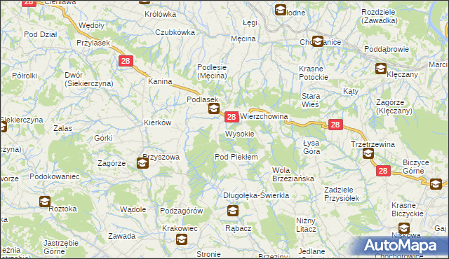 mapa Wysokie gmina Limanowa, Wysokie gmina Limanowa na mapie Targeo