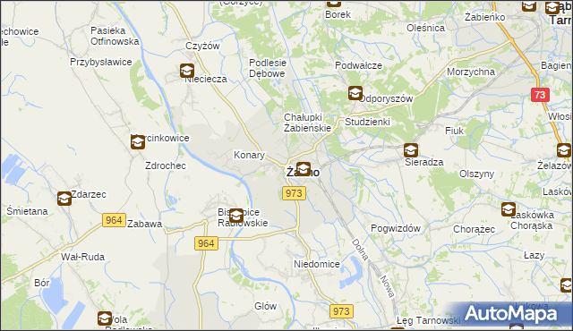 mapa Żabno powiat tarnowski, Żabno powiat tarnowski na mapie Targeo