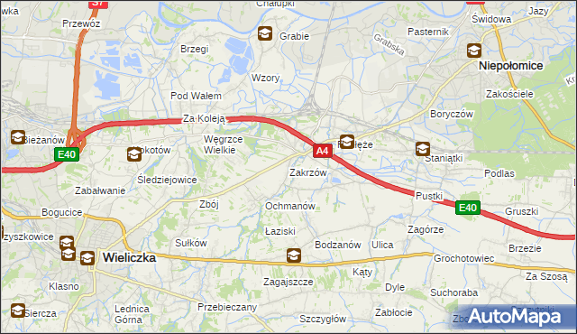 mapa Zakrzów gmina Niepołomice, Zakrzów gmina Niepołomice na mapie Targeo