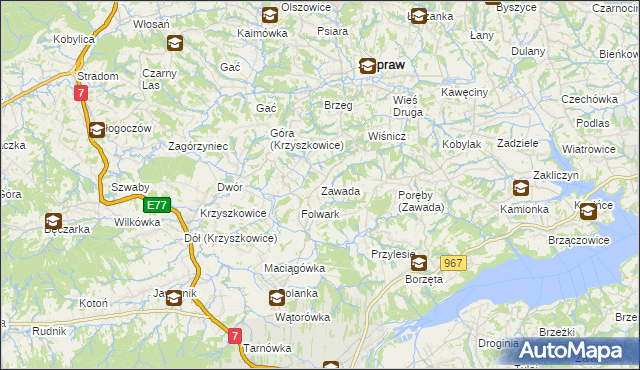 mapa Zawada gmina Myślenice, Zawada gmina Myślenice na mapie Targeo