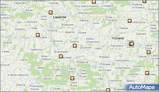 mapa Zbydniów gmina Łapanów, Zbydniów gmina Łapanów na mapie Targeo