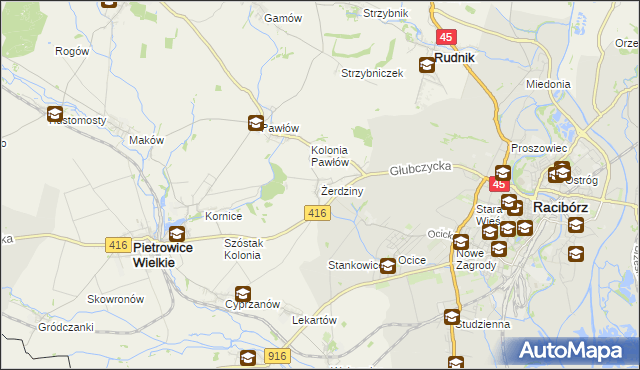 mapa Żerdziny gmina Pietrowice Wielkie, Żerdziny gmina Pietrowice Wielkie na mapie Targeo