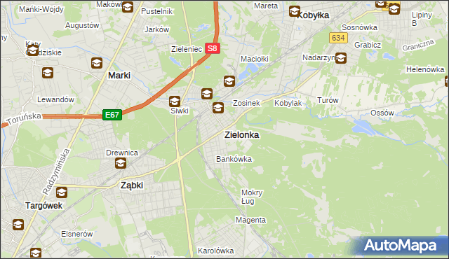 mapa Zielonka powiat wołomiński, Zielonka powiat wołomiński na mapie Targeo