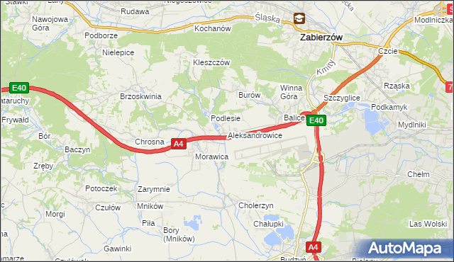 mapa Aleksandrowice gmina Zabierzów, Aleksandrowice gmina Zabierzów na mapie Targeo