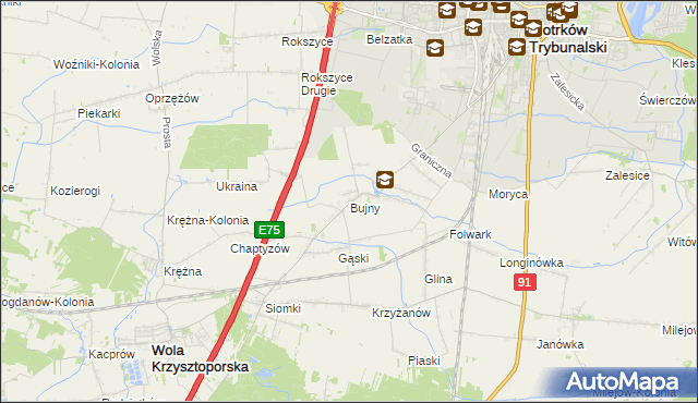 mapa Bujny gmina Wola Krzysztoporska, Bujny gmina Wola Krzysztoporska na mapie Targeo