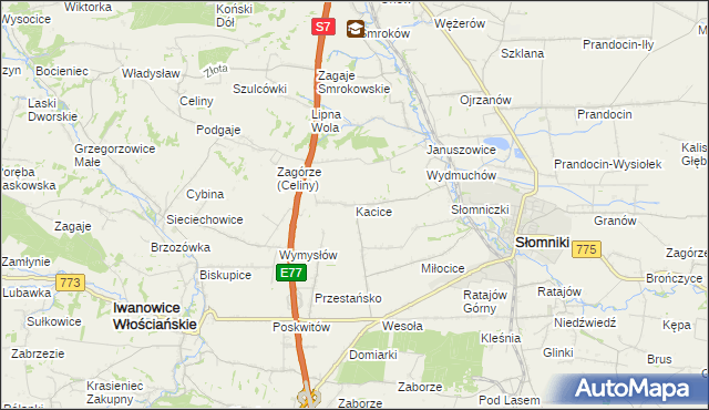 mapa Kacice gmina Słomniki, Kacice gmina Słomniki na mapie Targeo