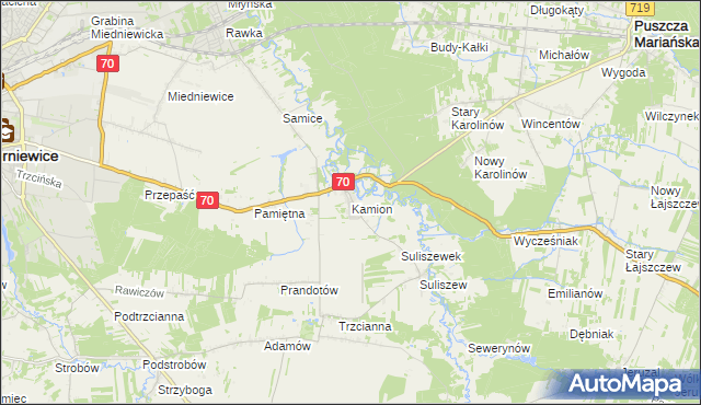 mapa Kamion gmina Puszcza Mariańska, Kamion gmina Puszcza Mariańska na mapie Targeo