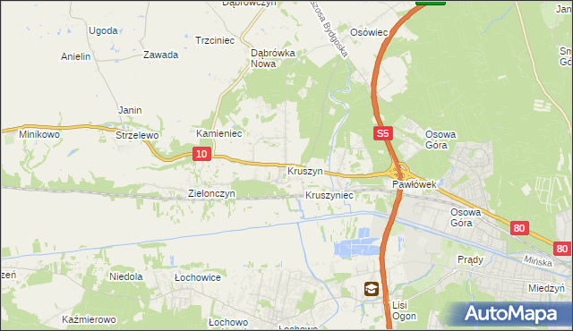 mapa Kruszyn gmina Sicienko, Kruszyn gmina Sicienko na mapie Targeo