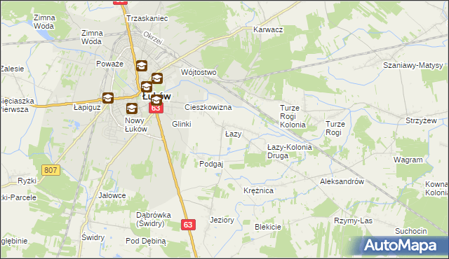 mapa Łazy gmina Łuków, Łazy gmina Łuków na mapie Targeo