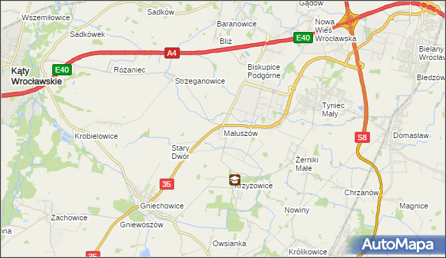 mapa Małuszów gmina Kobierzyce, Małuszów gmina Kobierzyce na mapie Targeo