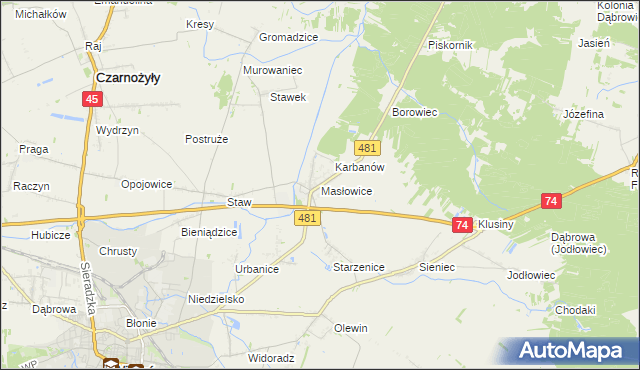 mapa Masłowice gmina Wieluń, Masłowice gmina Wieluń na mapie Targeo