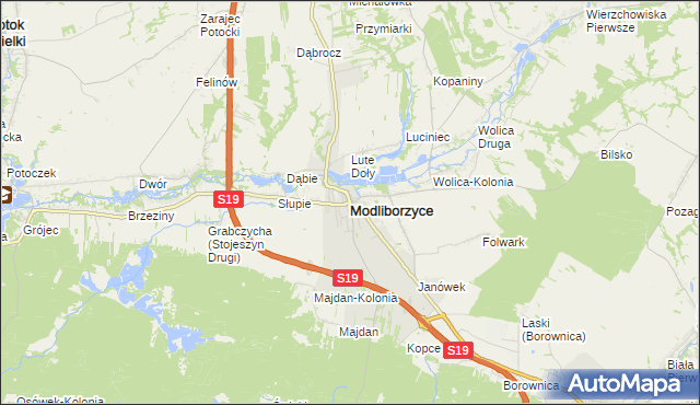 mapa Modliborzyce powiat janowski, Modliborzyce powiat janowski na mapie Targeo