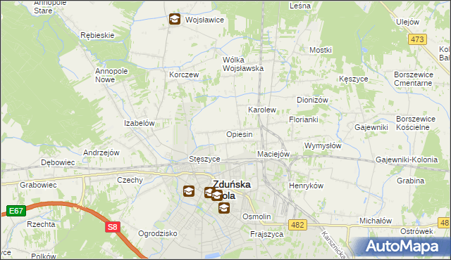 mapa Opiesin gmina Zduńska Wola, Opiesin gmina Zduńska Wola na mapie Targeo