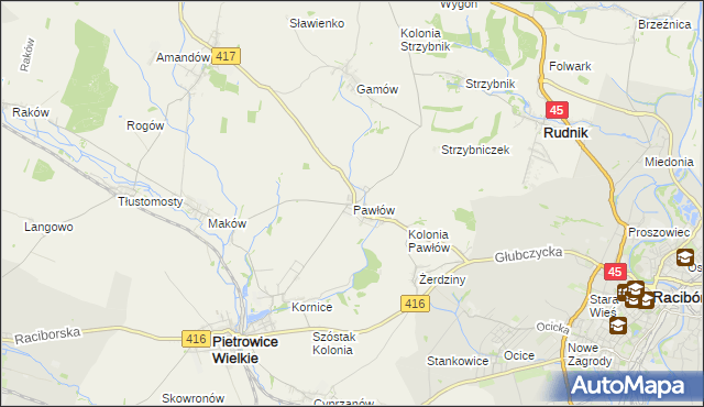 mapa Pawłów gmina Pietrowice Wielkie, Pawłów gmina Pietrowice Wielkie na mapie Targeo