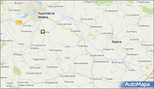mapa Podolany gmina Kazimierza Wielka, Podolany gmina Kazimierza Wielka na mapie Targeo