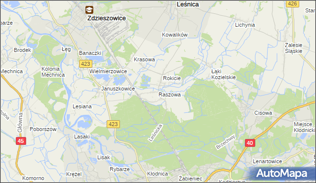 mapa Raszowa gmina Leśnica, Raszowa gmina Leśnica na mapie Targeo