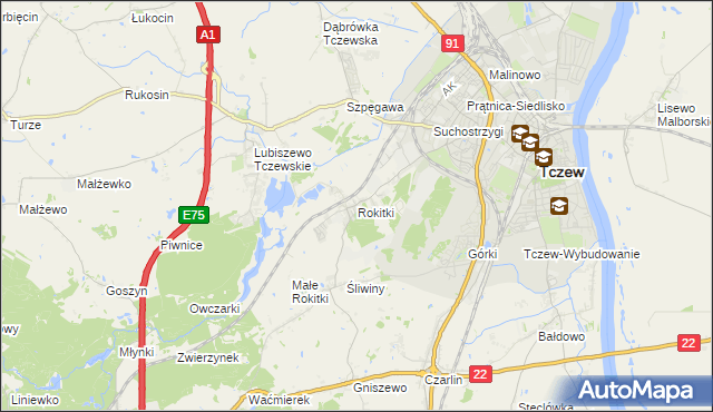 mapa Rokitki gmina Tczew, Rokitki gmina Tczew na mapie Targeo