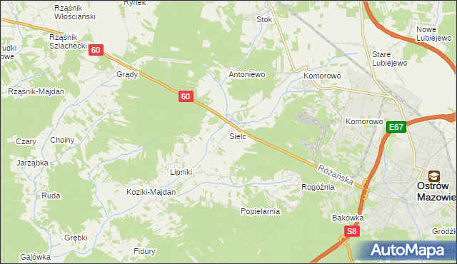 mapa Sielc gmina Ostrów Mazowiecka, Sielc gmina Ostrów Mazowiecka na mapie Targeo