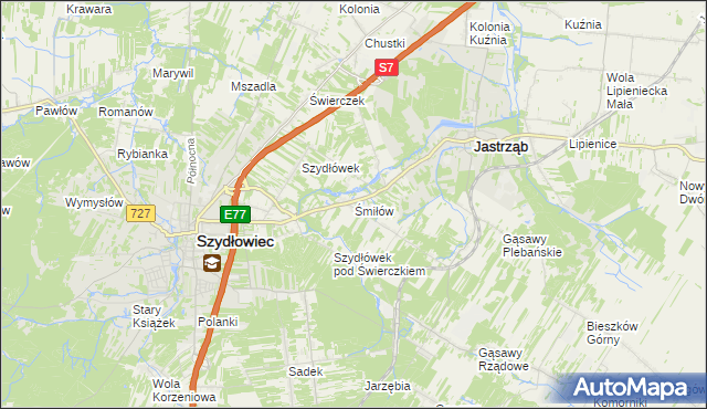 mapa Śmiłów gmina Jastrząb, Śmiłów gmina Jastrząb na mapie Targeo