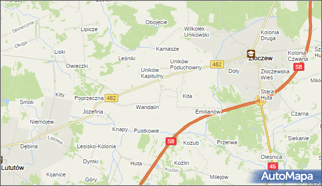 mapa Uników gmina Złoczew, Uników gmina Złoczew na mapie Targeo