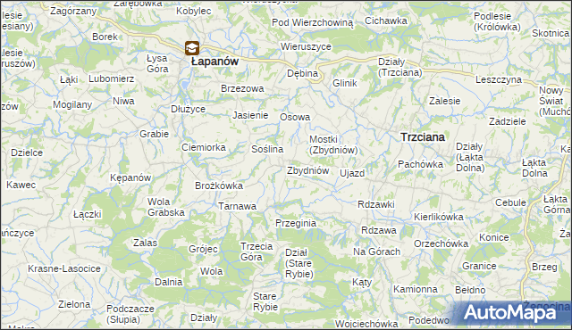 mapa Zbydniów gmina Łapanów, Zbydniów gmina Łapanów na mapie Targeo