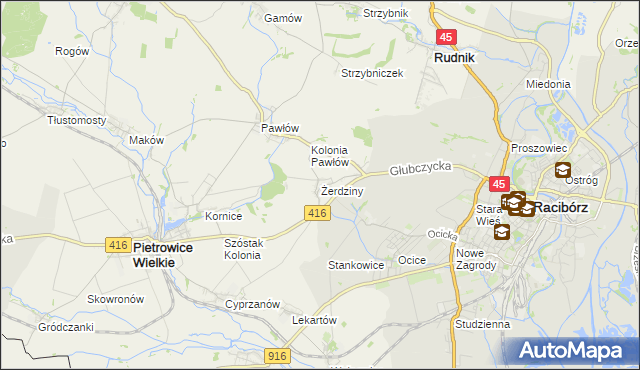 mapa Żerdziny gmina Pietrowice Wielkie, Żerdziny gmina Pietrowice Wielkie na mapie Targeo