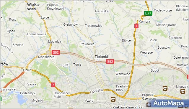 mapa Zielonki powiat krakowski, Zielonki powiat krakowski na mapie Targeo