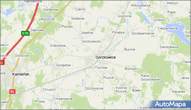 mapa Gorzkowice, Gorzkowice na mapie Targeo