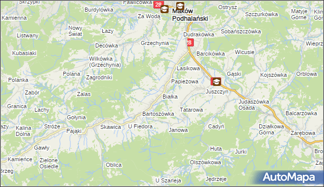 mapa Białka gmina Maków Podhalański, Białka gmina Maków Podhalański na mapie Targeo