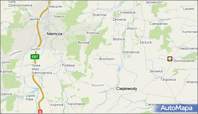 mapa Brochocin gmina Ciepłowody, Brochocin gmina Ciepłowody na mapie Targeo