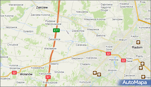 mapa Cerekiew gmina Zakrzew, Cerekiew gmina Zakrzew na mapie Targeo