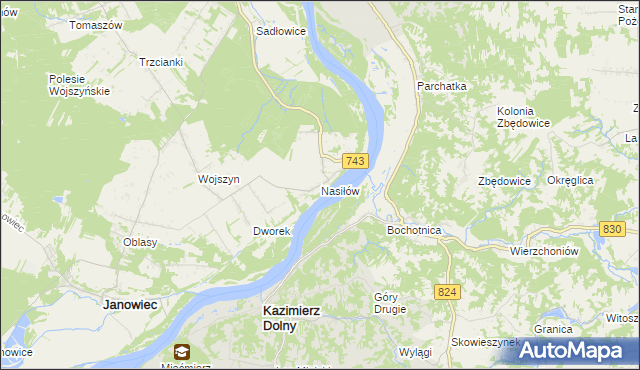 mapa Nasiłów gmina Janowiec, Nasiłów gmina Janowiec na mapie Targeo