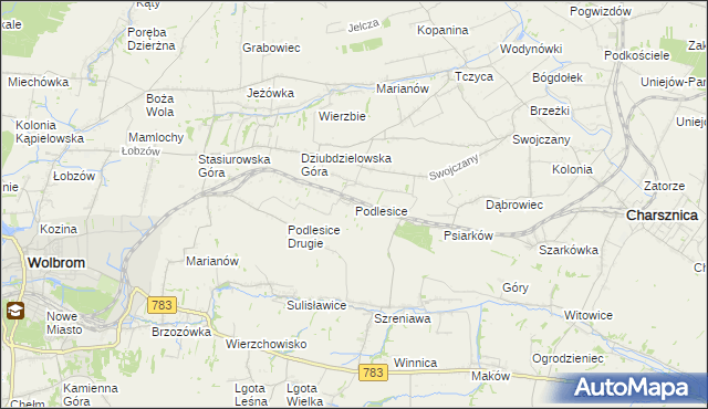 mapa Podlesice gmina Charsznica, Podlesice gmina Charsznica na mapie Targeo