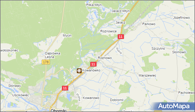 mapa Rożnowo gmina Oborniki, Rożnowo gmina Oborniki na mapie Targeo