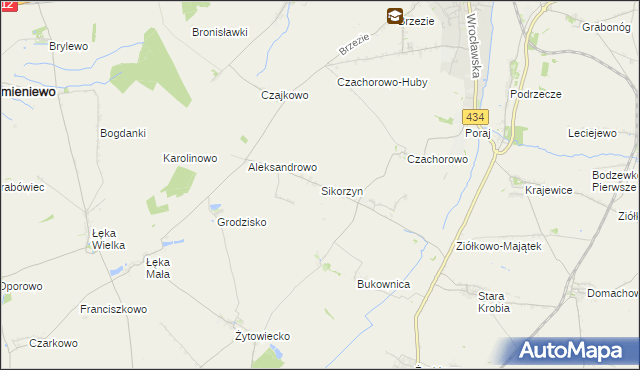 mapa Sikorzyn gmina Gostyń, Sikorzyn gmina Gostyń na mapie Targeo