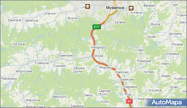 mapa Stróża gmina Pcim, Stróża gmina Pcim na mapie Targeo