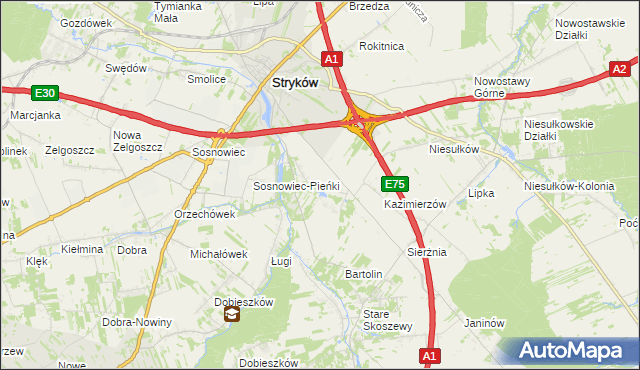 mapa Warszewice gmina Stryków, Warszewice gmina Stryków na mapie Targeo