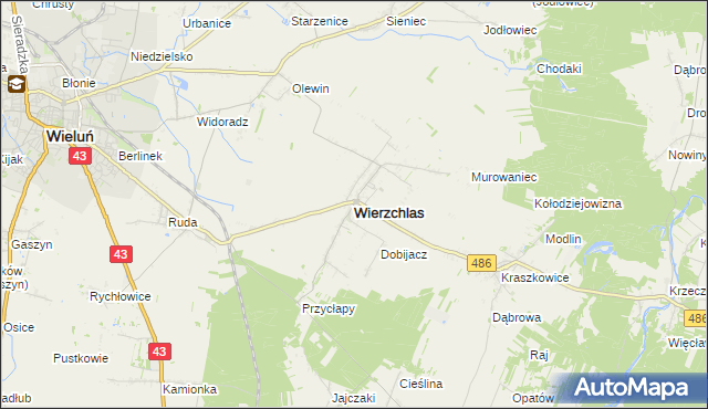 mapa Wierzchlas powiat wieluński, Wierzchlas powiat wieluński na mapie Targeo